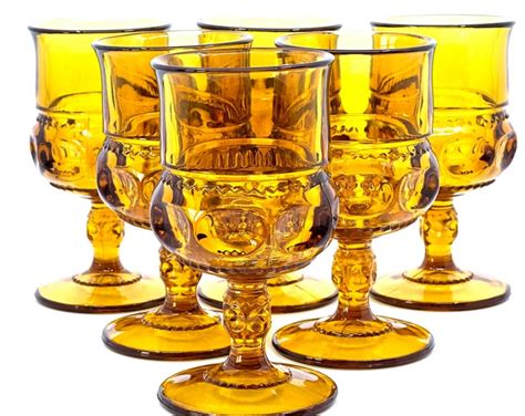 Vintage Indiana Glass Kings Crown Thumbprint Amber Goblet Set Of 6 Etsy