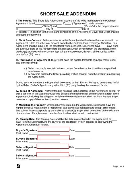 Free Short Sale Addendum To Purchase Agreement Word Pdf Eforms