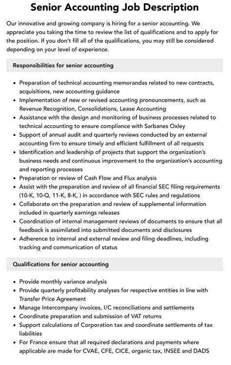 Senior Accounting Job Description Velvet Jobs