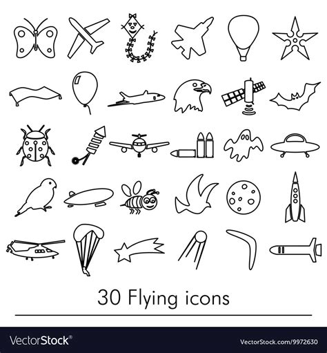 Flying theme outline symbols and icons set Vector Image