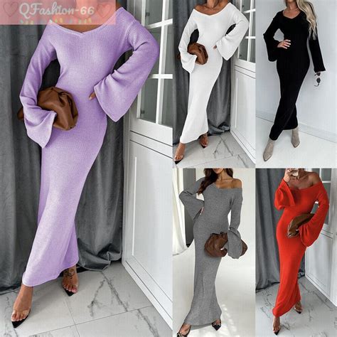 Women Sexy Off Shoulder Maxi Dress Ribbed Bell Sleeve Evening Party Bodycon Gown Ebay