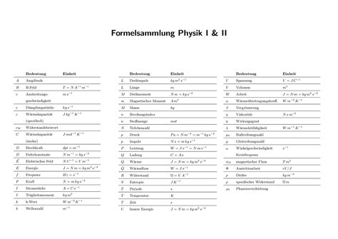 Formelsammlung Physik I And Ii Ethz Formelsammlungen Physik Docsity