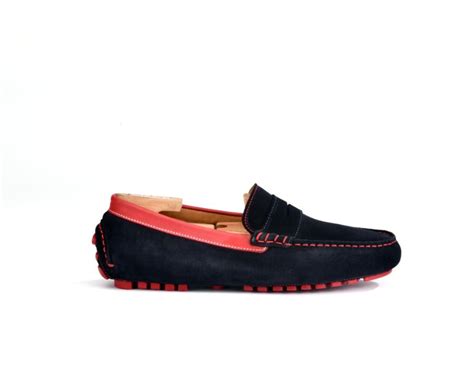 Mocassin T Homme Cuir Velours Marine Et Cuir Rouge Ferguson Bexley