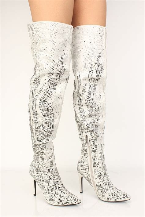 Sexy Silver Rhinestone Flame High Heels Thigh High Boots Faux Suede