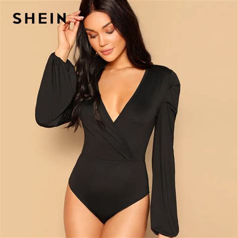 Aliexpress Buy Shein Women Black Deep V Neck Slim Fitted Solid