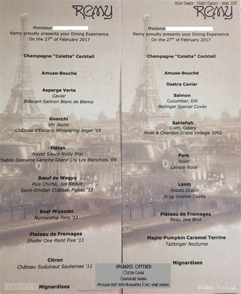remy dinner menu  disney cruise  blog