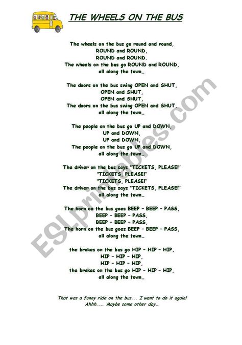 Wheels On The Bus Lyrics Printable - Printable Calendars AT A GLANCE