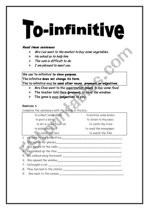 Infinitive Worksheet For Grade