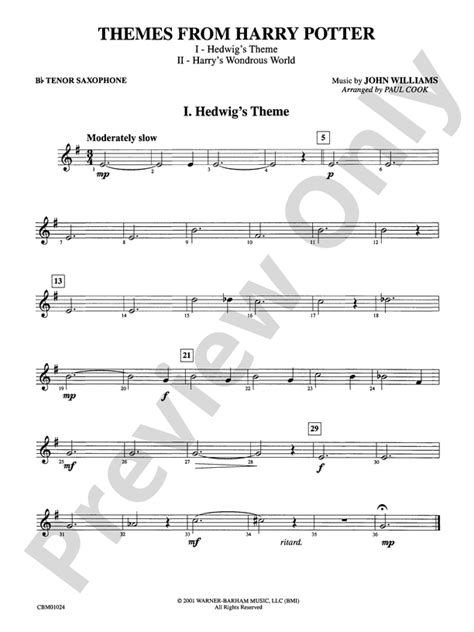 Harry Potter Themes From B Flat Tenor Saxophone B Flat Tenor