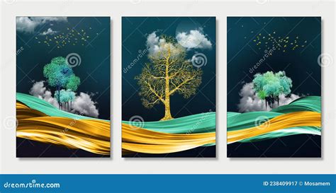 Art Mural Wallpaper With Dark Blue Background Golden Tree Mountain