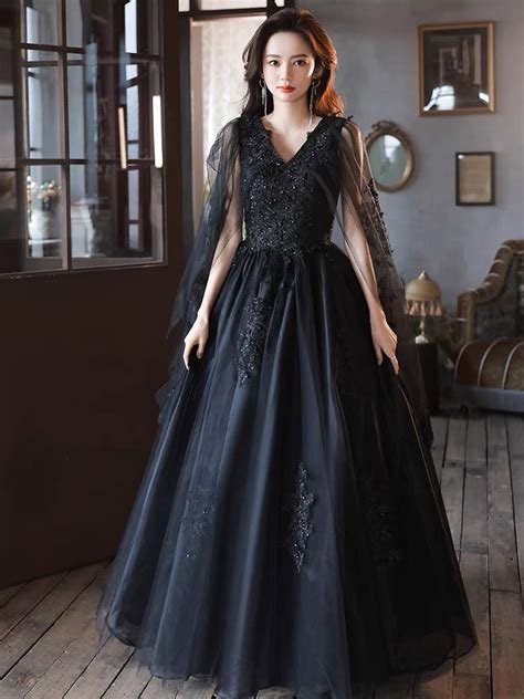 Black V Neck Tulle Lace Long Prom Dresses Black Lace Formal Evening D