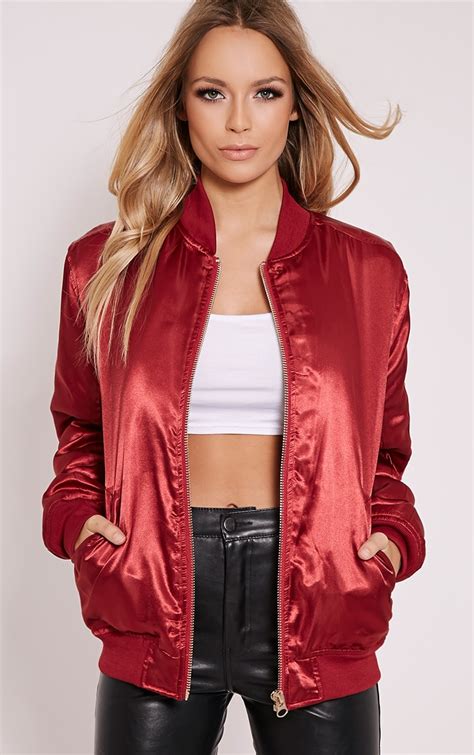 Cruz Burgundy Satin Oversized Bomber Jacket Prettylittlething