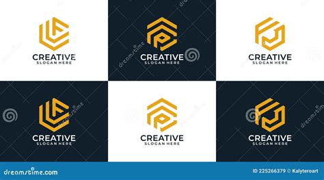 Set Of Abstract Hexagonal Elegant Creative Logo Design With Monogram