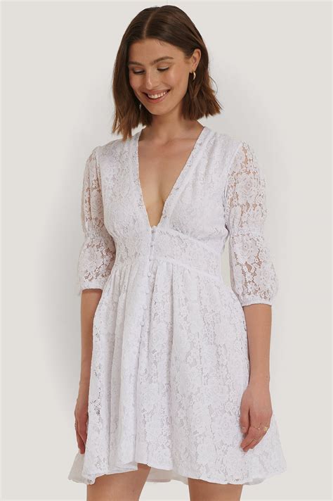 V Shape Flowy Puff Sleeve Lace Dress White Na