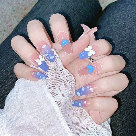 Blue White On Nails Spicy Girl French Bowknot False Nail Tips Clouds Of Love False Nail Patch