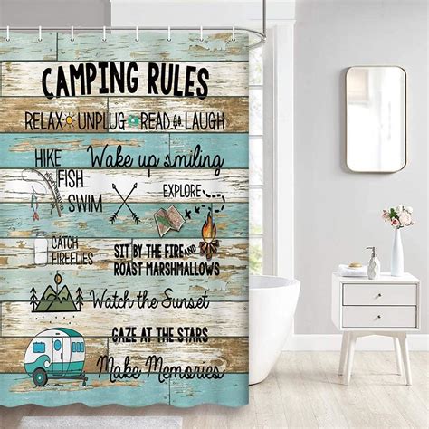 Happy Camper Shower Curtain Retro Rustic Wood Neutral Color