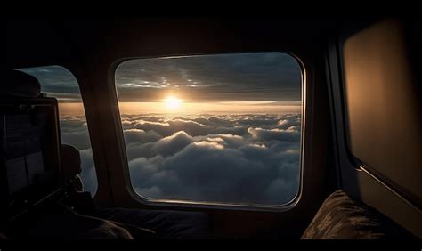 Premium AI Image | A plane window with the sun shining through the clouds