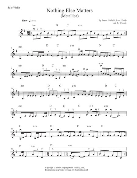 Nothing Else Matters Arr K Wreede Sheet Music Metallica Violin Solo