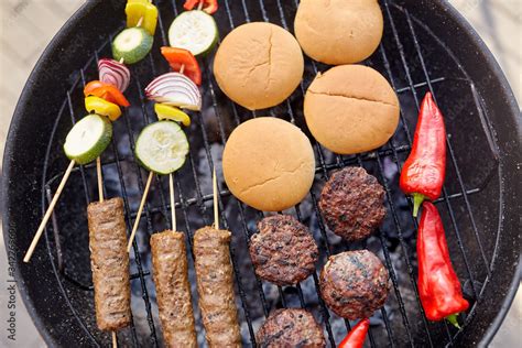 Cooking Barbecue And Food Concept Close Up Of Shish Kebab Meat