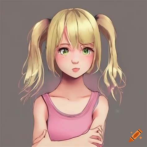 Anime Girl With Blonde Hair And Green Eyes In A Light Pink Sleeveless T Shirt On Craiyon
