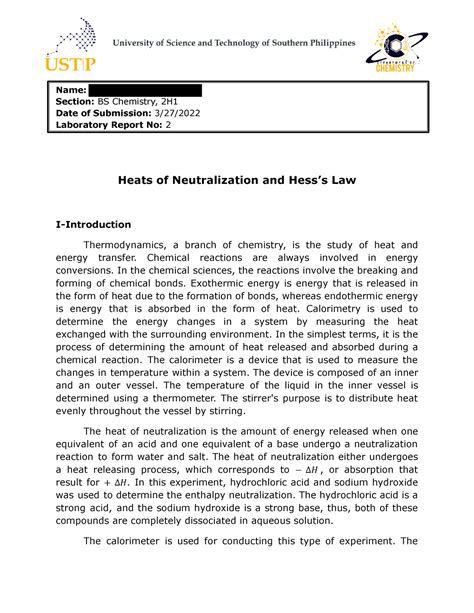 Heats Of Neutralization And Hess S Law Lab Report Name Wasil Kaye