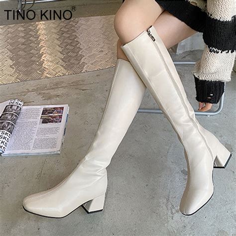 Canrulo Women S Knee High Long Boots Soft Pu Leather Shoes Square Mid