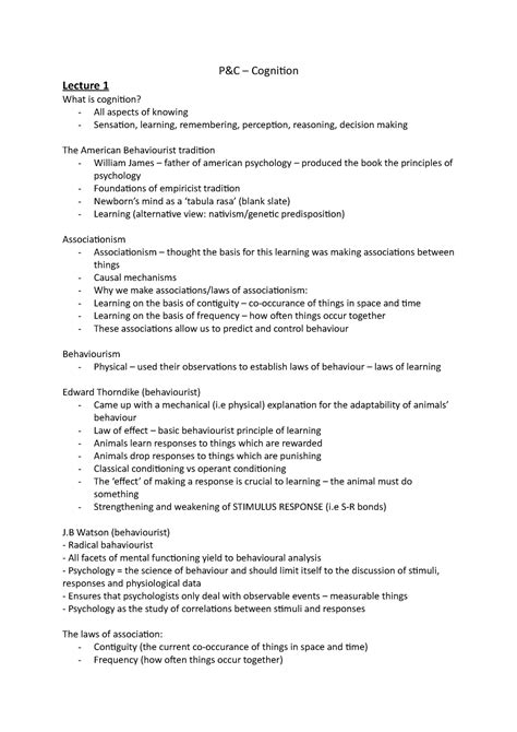 P C Cognition Lecture Notes 1 4 P C Cognition Lecture 1 What Is