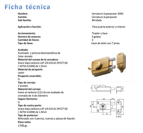 Cerradura SUPER POWER 3000 Ficha técnica de la cerradura