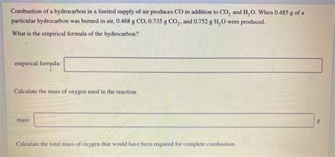 Solved Combustion Of A Hydrocarbon In A Limited Supply Of Chegg