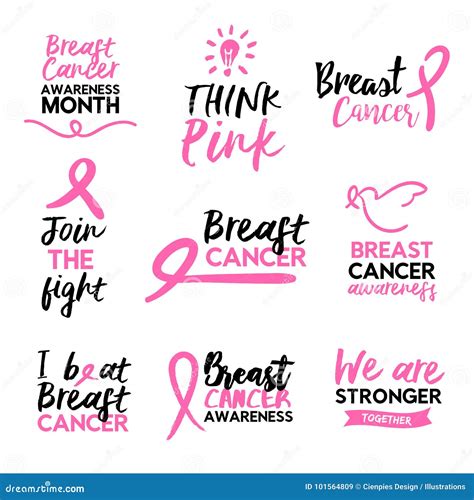 Pink Breast Cancer Awareness Ribbon Text Quote Set Stock Vector