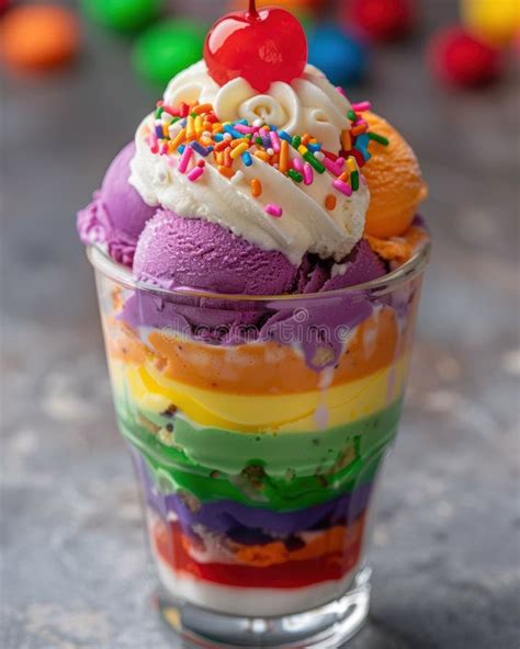 Colorful Layered Ice Cream Sundae With Sprinkles And A Cherry On Top Stock Illustration