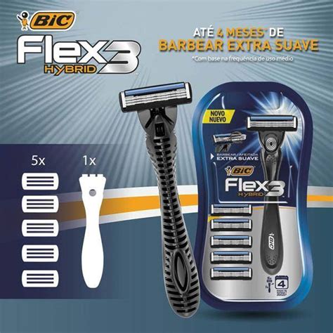 Barbeador Bic 3 Laminas - Aparelho de Barbear BIC Flex3 Hybrid, 3 Lâminas, Extra Suave + 5 Cargas ...
