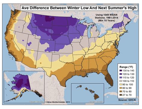 Average Annual Difference Between Winters Coldest And Summers Hottest