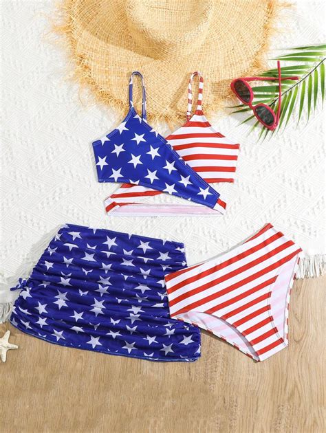 Conjunto De Sujetador Y Bikini Con Bandera Estadounidense Y Falda Cubre