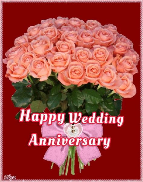 happy wedding anniversary card with pink roses in the center and ribbon tied around the bouquet