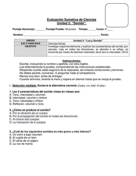 Evaluación De Ciencias Editable El Sonido 3° Año Profe Social