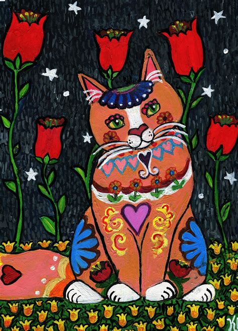 Folk Art Cat Painting, Original Art Acrylic Painting , Talavera Style ...