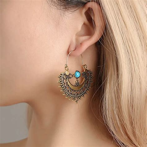 Style Indian Tribal Brass Earring Dangle Drop Earring Hollow Flower