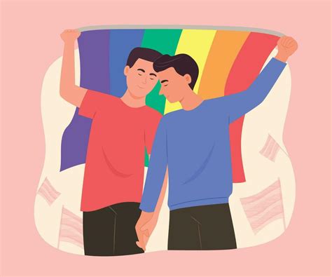 Gay Men Couple Holding The Lgbt Rainbow Flag For Gay Pride Celebration