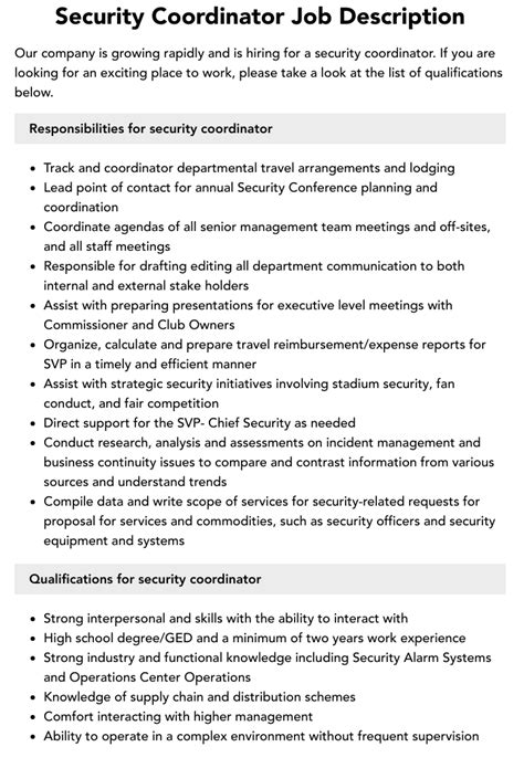 Security Coordinator Job Description Velvet Jobs