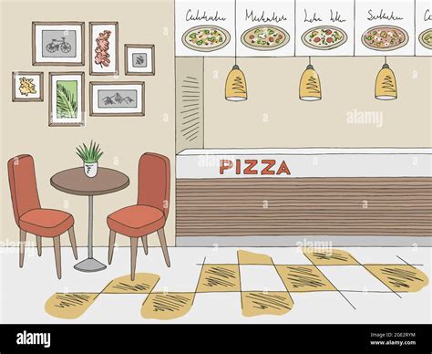 Pizza restaurante interior comida rápida corte gráfico color dibujo