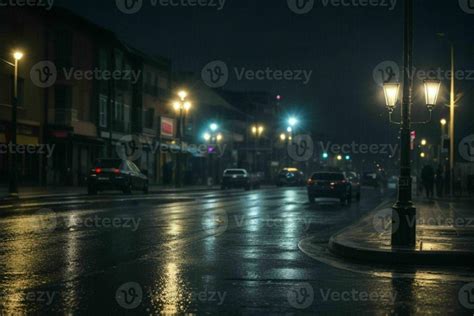 City street at rainy night road and streetlights at night background ...