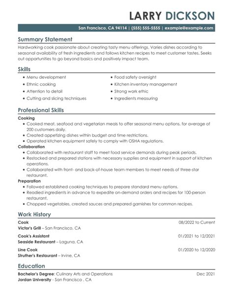 Cook Resume: Job Description, Examples, and Skills List