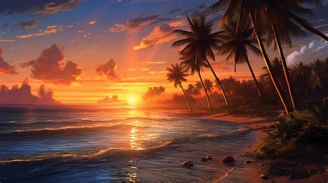 Premium Ai Image Tropical Beach Sunset With Palm Tree