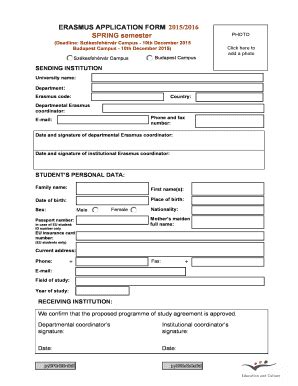 Fillable Online Erasmus Application Form Spring Semester Photo