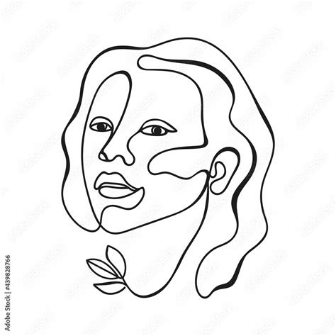 Vector Illustration Womens Face In One Line Art Style With Leaves