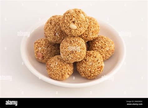 Indian Winter Delicacy White Ball Shaped Tilgul Laddu Or Safed Til Ki