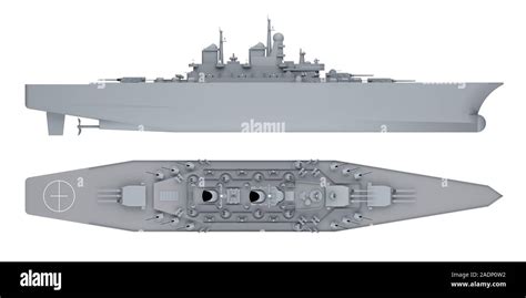 Warship In Gray Side View And Top View Isolated On White 3d Rendering