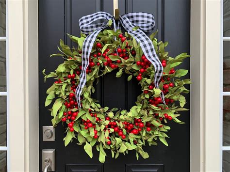 Front Door Christmas Wreaths Red Berry And Boxwood Wreath Etsy In