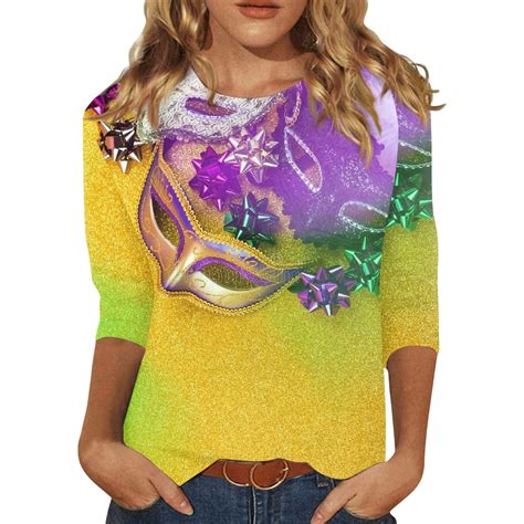 Tqwqt Womens Mardi Gras Tops Sleeve Spring Carnival Mask Print Tops